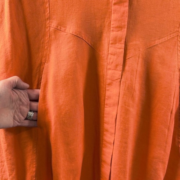 J. Jill Love Linen Zinnia Orange Saffron Shirt Dress M Pockets Button Up $99 - Picture 5 of 9